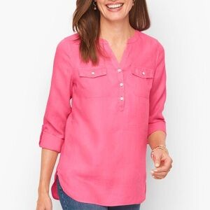 Talbots Women’s Linen-Cotten Blend Roll Tab Sleeve Half Button Up Top Size XL
